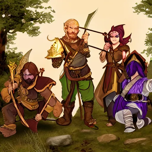 Image similar to a fantasy adventuring party consisting of a male dwarf cleric, a male halfling thief, a non - binary halfling with golden wings, a male human ranger with an old bow, a female wood elf druid, a male yuan - ti pure blood warlock, a female elf wizard and a male humanoid fox warrior