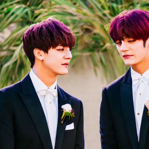 Image similar to jungkook and taehyung of bts getting married in las vegas, 8 k, ultra realistic, closeup