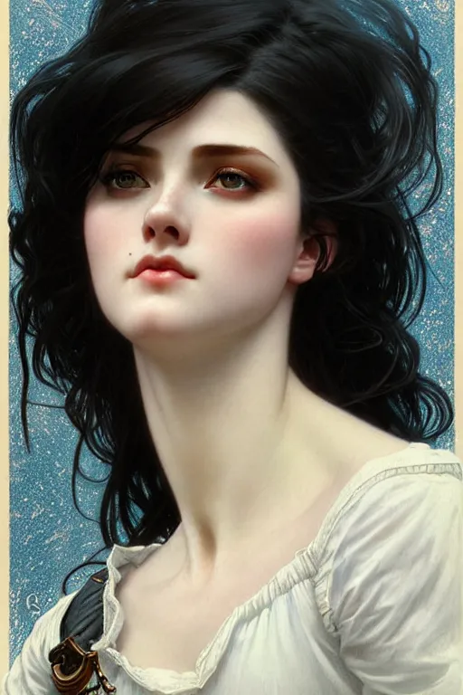 Image similar to ultra realistic, Beautiful black haired woman, Porcelain white complexion, big blue eyes, cute small lips., wearing jeans and white blouse, whip in hand, intricate details, eerie, highly detailed, octane render, 8k, art by artgerm and alphonse mucha and greg rutkowski