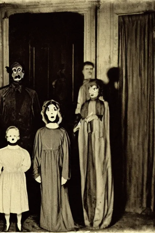 Image similar to an unsettling old colored family photograph, anxious people standing in a large haunted house, phantom ghosts in the background, cinematic, horror, photorealistic, vintage,