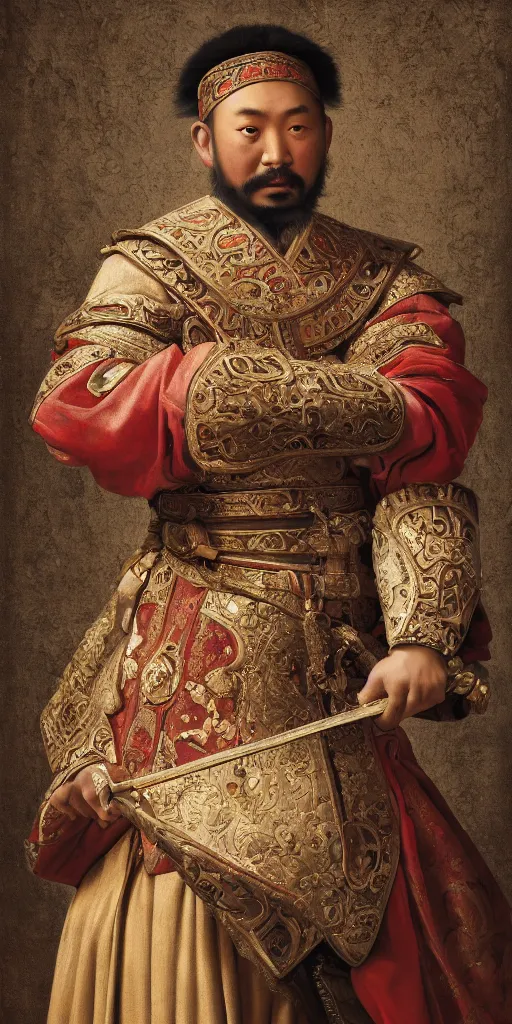 Image similar to Highly detailed and cinematic Renaissance period portrait oil painting Kublai Khan, an oil painting ((masterpiece)) by ((Josep Tapiró Baró)), dynamic lighting, 8K