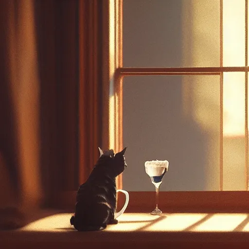 Prompt: a cat in the tavern holding a mug of beer, early morning light from window, craig mullins, hayao miyasaki, artstation, 3 d render, octane
