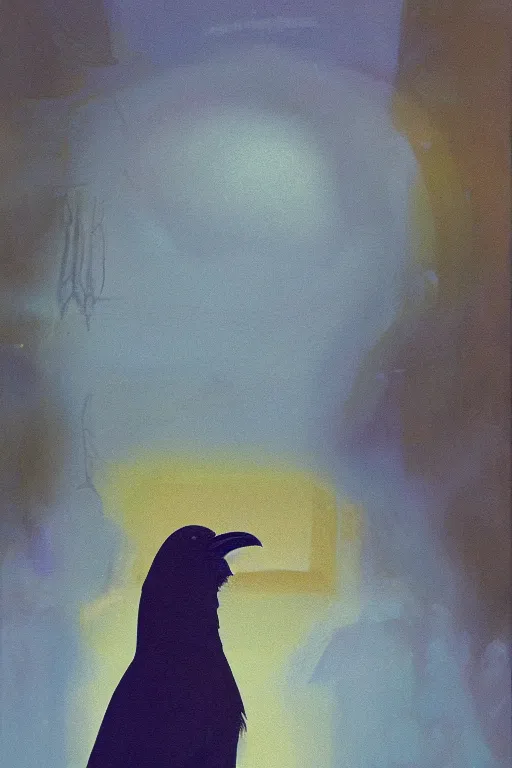Image similar to a raven investigating 8 0 s era technology, vintage shapes, retro technology, sylvan color, wayne barlow, oil on canvas, deep depth of field, masterpiece, cinematic composition, hyperdetailed