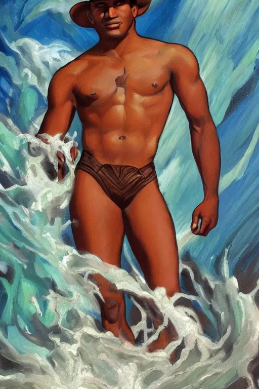 Prompt: a dramatic, epic art deco painting of a handsome brown-skinned shirtless cowboy in a confident pose | background is a torrential flooding river | tarot! card, art deco, art nouveau | by Mark Maggiori | trending on artstation