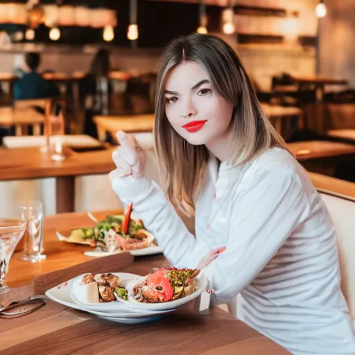 Image similar to The influencer EnjoyPhoenix dining in a Canadian restaurant called Lapinou. Hyperrealistic sharp photo, sigma 1/6. 50 mm