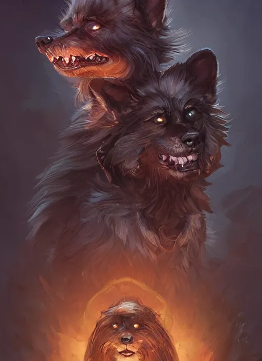 Prompt: vicious dog with three heads, glowing eyes and matted fur, sinister portrait, highly detailed, digital painting, artstation, concept art, matte, sharp focus, illustration, dramatic, cinematic sunset, hearthstone, art by artgerm and greg rutkowski and alphonse mucha