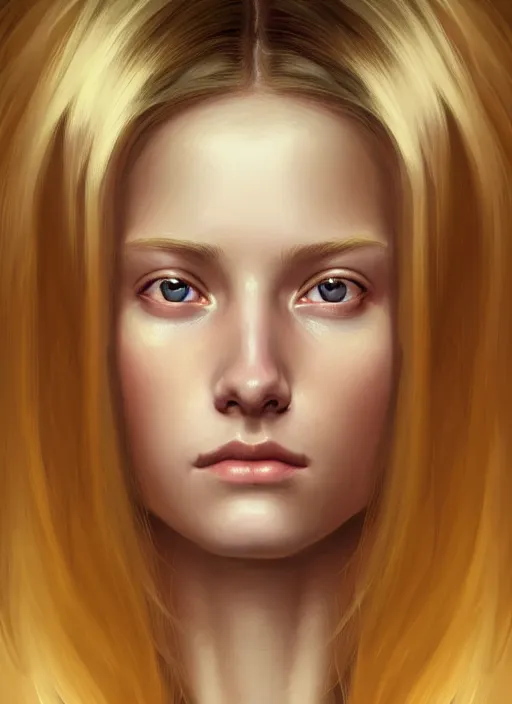 Prompt: symmetrical face!! portrait of young woman blessed with ever - increasing physical and mental perfection, realism, blonde hair, perfect face!! intricate, elegant, highly detailed, vision of holy perfection!! digital painting, artstation, concept art, smooth, sharp focus, illustration, humanity, art by artgerm and greg rutkowski and alphonse mucha