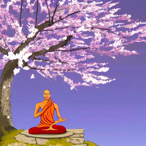 Prompt: a monk practicing yoga in front of a tibetean monastery on top of a mountain, under a cherry blossom tree, steampunk, detailed digital art