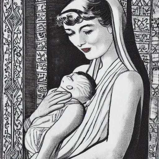 Prompt: 40s illustration of 80 year old sentimental Mediterranean skinned woman in ancient Canaanite clothing holding a newborn baby, crying, awe, love, ancient interior tent background