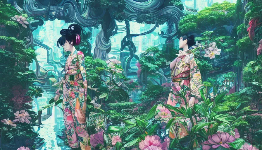 Image similar to a digital painting of a woman wearing gucci exploring a magical japanese temple, lush plants and flowers, eco - cyberpunk art by james jean, cgsociety, retrofuturism, anime aesthetic, chromatic, iridescent, uhd