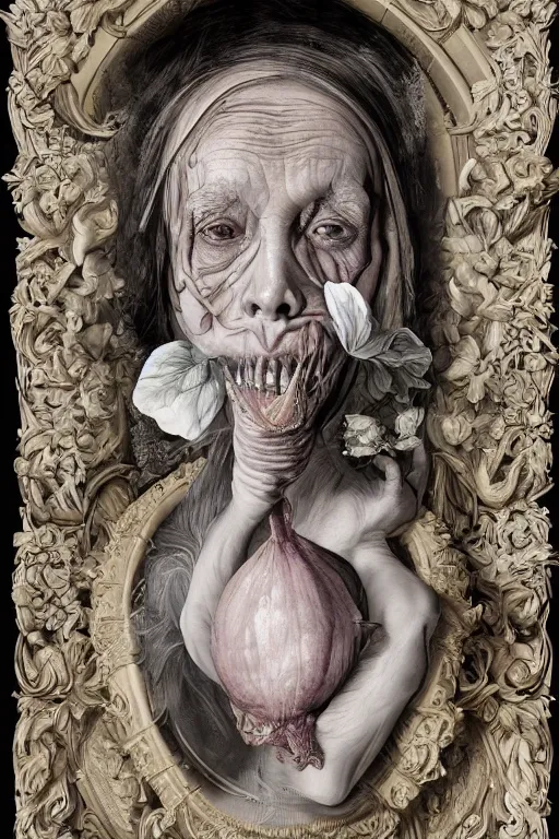 Image similar to Detailed maximalist portrait of a beautiful old woman with large lips and eyes, scared expression, botanical skeletal with extra flesh, HD mixed media, 3D collage, highly detailed and intricate, surreal illustration in the style of Caravaggio, dark art, baroque, centred in image