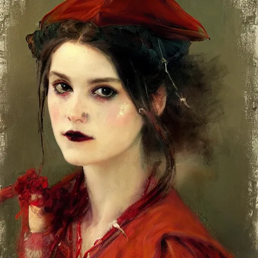 Image similar to Solomon Joseph Solomon and Richard Schmid and Jeremy Lipking victorian genre painting portrait painting of a happy young beautiful woman punk rock goth girl german french actress model pirate wench in fantasy costume, red background