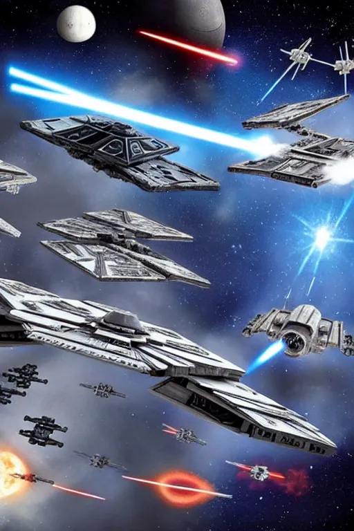 Image similar to starwars space battle, tie fighter, x-wing, star destroyer, Death Star