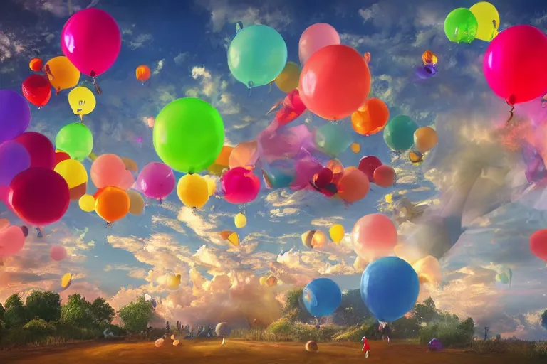 Image similar to the balloons floated away along with all my hopes and dreams. photo - realistic hd, hyperrealism, colourful, highly detailed, cinematic, luminescence, 3 2 k, dop, high contrast, intricate, mystery, epic, fantasy