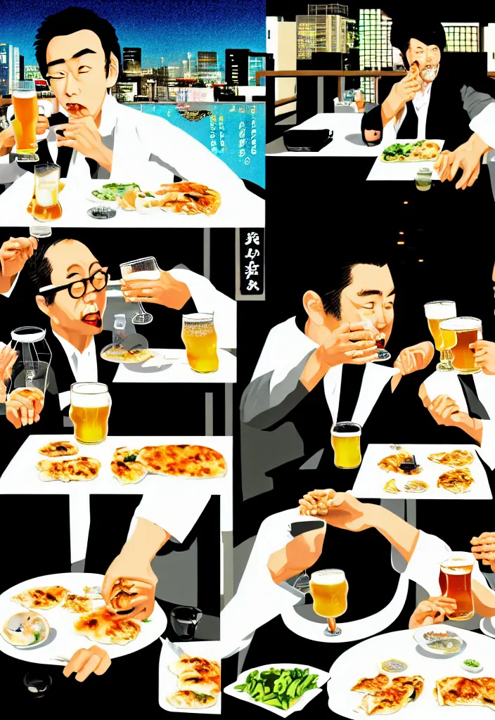 Image similar to two businessmen eating gyoza and drinking beer at an outdoor table in nighttime izakaya in shinbashi tokyo, japan, a collage painting, in the style of wes anderson, lola dupre, david hockney, isolated on negative white space background dark monochrome fluorescent neon spraypaint accents volumetric octane render