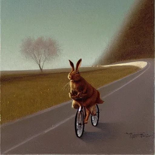 Image similar to rabbit riding a bike on the road, there is a car in front, by michael sowa.