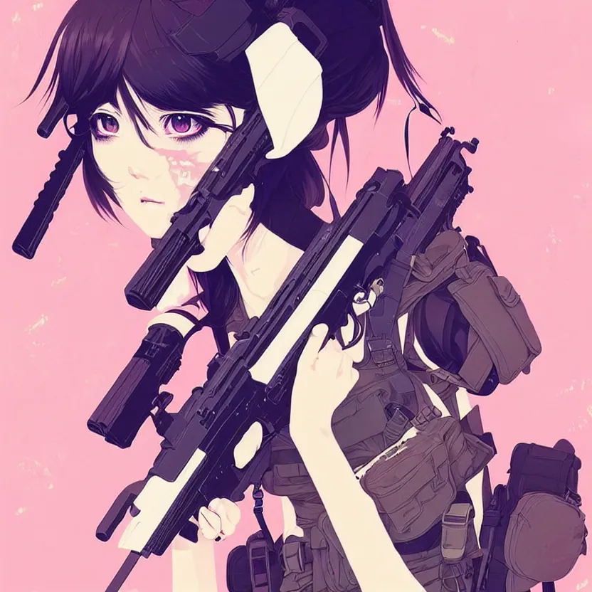 Image similar to girl with tactical gear, very anime!!! anime!! intricate details, aesthetically pleasing pastel colors, poster background, aesthetic details, art by conrad roset and ilya kuvshinov