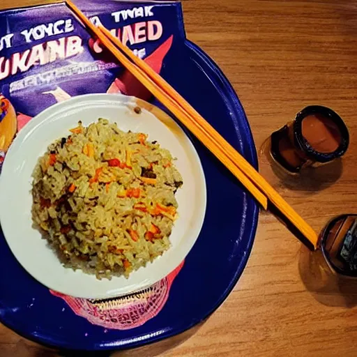 Prompt: dwayne the rock johnson wwe action figure submerged in fried rice, chinese takeout food photo