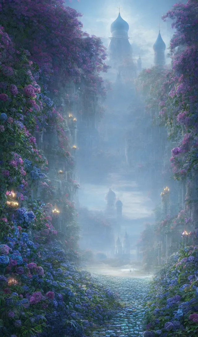 Image similar to vanishing point, palace like the kremlin in distance on a lake is covered with aqua blue roses, viewed from afar, stephen bliss, misty, unreal engine, fantasy art by greg rutkowski, loish, ferdinand knab, and lois van rossdraws,, global illumination, radiant light, minimalist, detailed and intricate environment