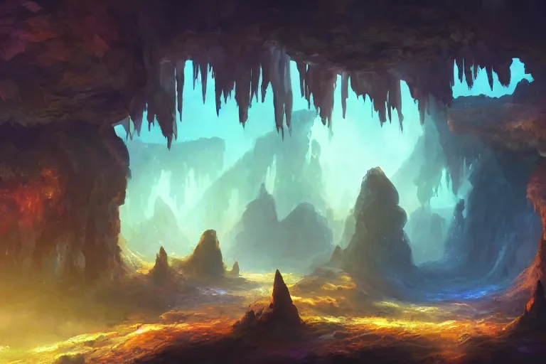 Prompt: a magical cave full of crystals, concept art, artstation, fantasy, mist, volumetric lighting