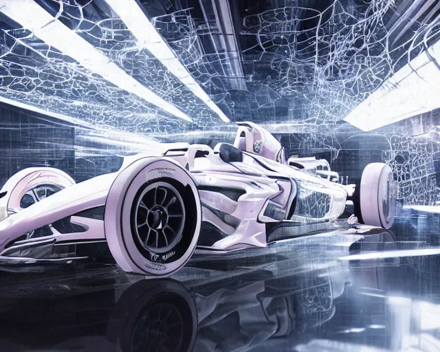 Image similar to f1 car, translucent white plastic skin, hyper detailed, scifi graphics hud, wires hanging from ceiling, octane render, character concept art, large windows, ghost in the shell, cyborg, 8k, intricate highly detailed geometric patterns blending into the background, bold lines