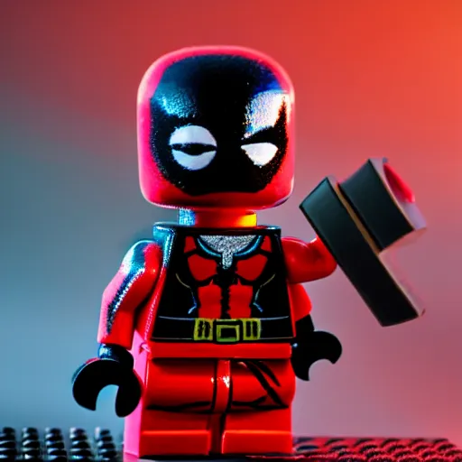 Image similar to deadpool as lego character, bokeh, photo, hyperrealistic, detailed textures and soft studio lighting, soft shadows, sharp focus, extreme detail, hyper realistic, award winning photo