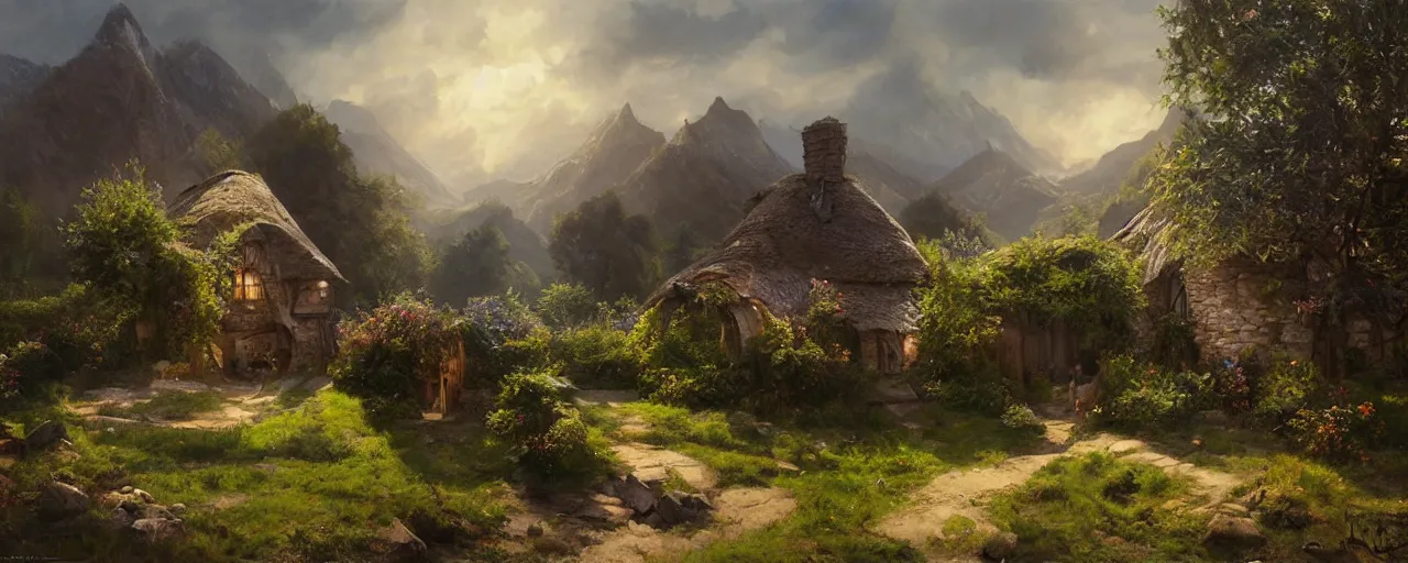 Image similar to most epic dramatic bag end shire landscape. epic cinematic hyperrealism masterpiece. realistic poster with shaded lighting by craig mallismo, artgerm, jeremy lipkin and michael garmash, unreal engine, radiant light, detailed and complex environment, digital art, art station trends