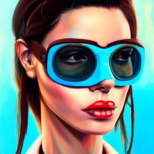 Image similar to closeup painting of a very beautiful young mexican cyberpunk woman smirking, wearing light blue shutter shades and a dark brown leather jacket, one side haircut, long brown hair with light blue ends, portrait, hyperdetailed, artstation, cgsociety, 8 k, synthwave by tangerine dream