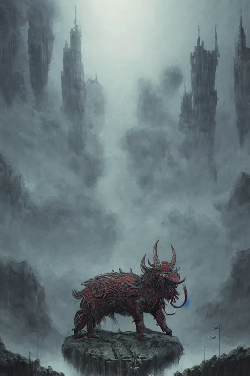 Image similar to oimmortal beast from chinese mythology, deamland of concept art, fall of the ancien regime, medieval cityscape with darker skies and fires, ghibli, photorealistic, digital studio art, beksinski