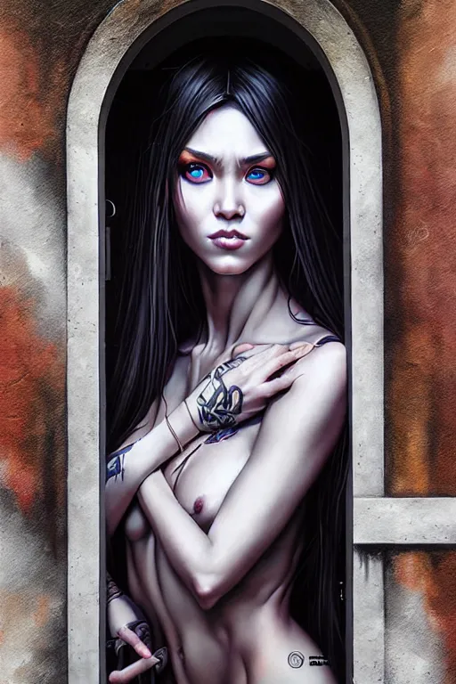 Image similar to Photorealistic hyperrealism priestess in a backalley by Artgerm and WLOP