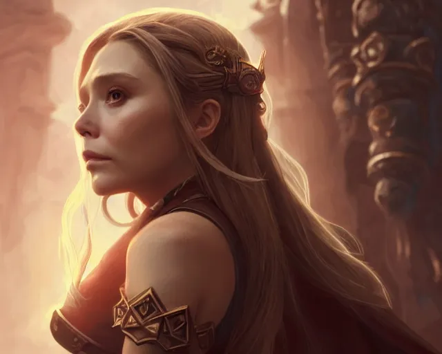 Image similar to a gaming screenshot still portrait of elizabeth olsen in final fantasy, deep focus, d & d, fantasy, intricate, elegant, highly detailed, digital painting, artstation, concept art, matte, sharp focus, illustration, dark fantasy style art, hearthstone, art by artgerm and greg rutkowski and alphonse mucha