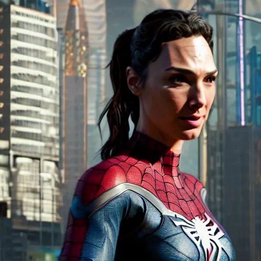 Image similar to a film portrait still of gal gadot as spider - man from cyberpunk 2 0 7 7 unreal engine. realism, cinematic lighting, highly detailed spider - man, 4 k. 8 mm. grainy. panavision.