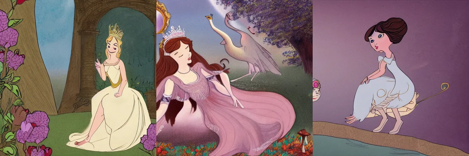 Prompt: a cartoon with a princess in the style of leda and the swan.