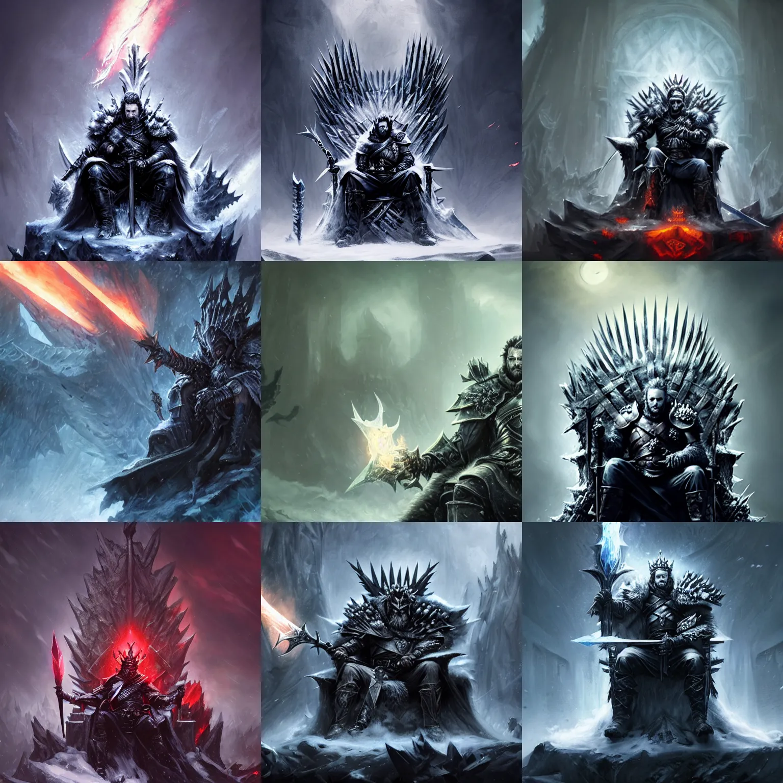 Prompt: The king of the North, master of the death knights, sitting on his throne while his eyes are lighting with thunder, swords, league of legends wallpapers, piotr jablonski, greg rutkowski, dark fantasy, 4k