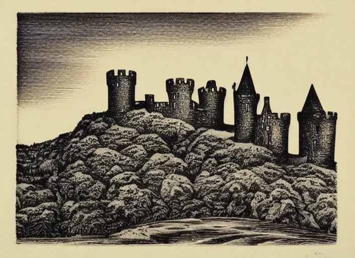 Prompt: a beautiful Wood engraving on paper of The castles of Scotland