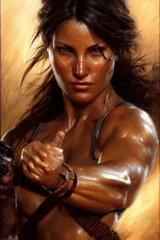 Image similar to muscular sweat lara croft, face close up, highly detailed painting by gaston bussiere, craig mullins, j. c. leyendecker 8 k