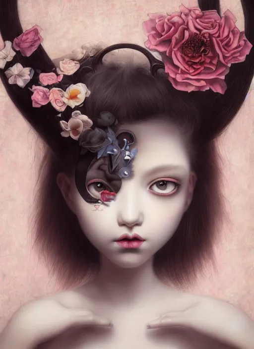 Prompt: pop surrealism, lowbrow art, realistic cute seductive female painting, japanese style, hyper realism, muted colours, rococo, kaname ozuma, natalie shau tom bagshaw, mark ryden, trevor brown style,