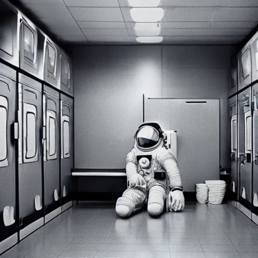 Image similar to a beautiful photo of an astronaut waiting in a laundromat, 1970', soft light, morning light, photorealistic, realistic, octane, 8k, cinematic shot