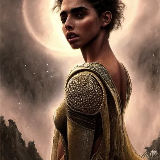 Image similar to imaan hammam, dancer, lord of the rings, sweaty insane, intricate, highly detailed, digital painting, artstation, concept art, smooth, sharp focus, illustration, unreal engine 5, 8 k, art by artgerm and greg rutkowski and alphonse mucha