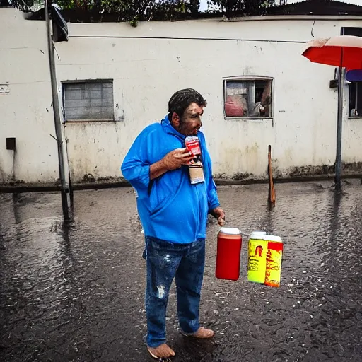 Image similar to man standing next to his inflatable quecha, drinking a canned beer, it is raining and he has no shelter so he gets soaked