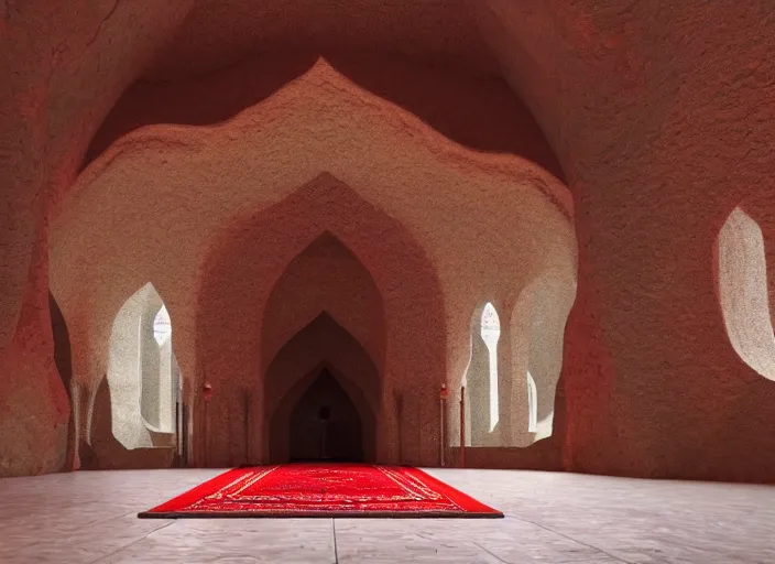 Image similar to a mosque inside a cave, red iranian rug, holy by caspar david friedrich by james gilleard and justin gerard, artstation, smooth, sharp focus, by jean baptiste, octane render