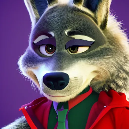 Prompt: portrait, 3d render , anthropomorphic wolf female, wearing a torn knee langth jacket , in the style of Zootopia