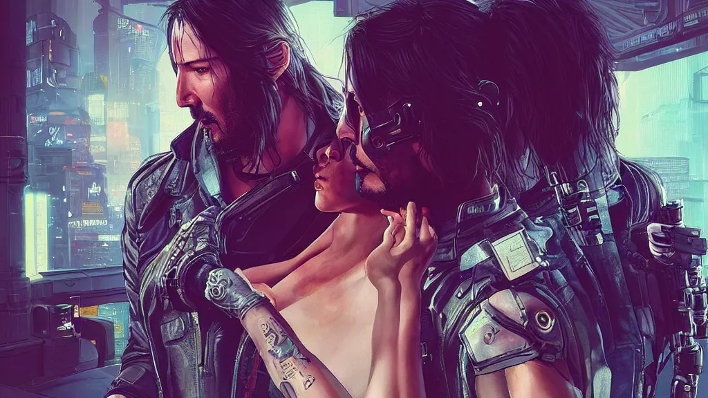 Image similar to a cyberpunk 2077 srcreenshot couple portrait of Keanu Reeves&female android in kiss,love story,film lighting,by Laurie Greasley,Lawrence Alma-Tadema,Dan Mumford,John Wick,Speed,Replicas,artstation,deviantart,FAN ART,full of color,Digital painting,face enhance,highly detailed,8K,octane,golden ratio,cinematic lighting