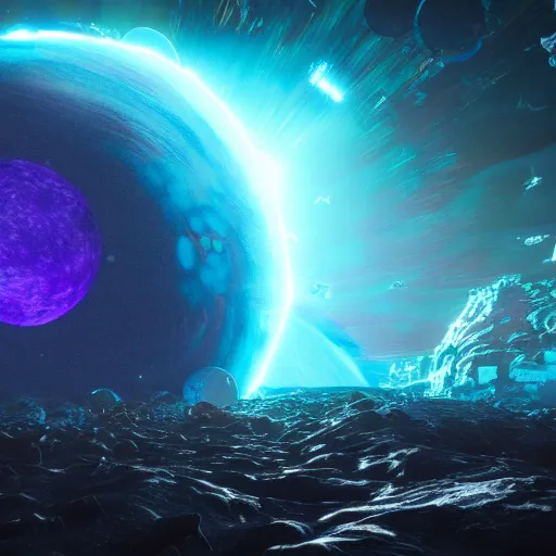Image similar to a planet that shatters into pieces in space with a turquoise glow, and lovecraftian horror next to it unreal engine 4 realistic photo