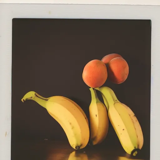 Prompt: Banana fighting an apricot, Polaroid photograph,