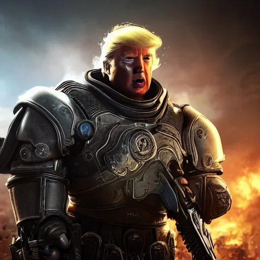 Image similar to Photo portrait of Donald Trump as Crusader Patriot Knight in Gears of War, splash art, movie still, detailed face, photorealistic facial features, cinematic lighting, dramatic, octane render, long lens, shallow depth of field, bokeh, anamorphic lens flare, 8k, hyper detailed, 35mm film grain