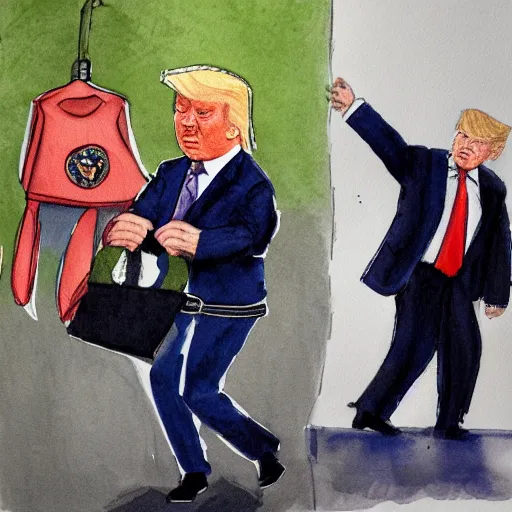 Prompt: donald trump being escorted out of his mansion in handcuffs by the fbi. watercolor