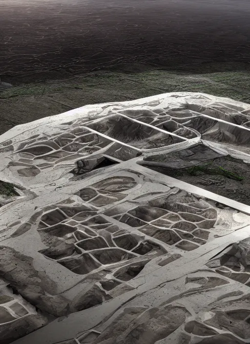 Image similar to bioremediation white architecture high tech, in the mining tailings of chuquicamata, epic, cinematic, hyperealistic, high detailed, corona render, hdr, ray tracing