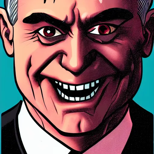 Prompt: graphic novel illustration of secretary of denis mcdonough, glowing eyes, evil laugh, menacing, villain, clean lines, trending on artstation