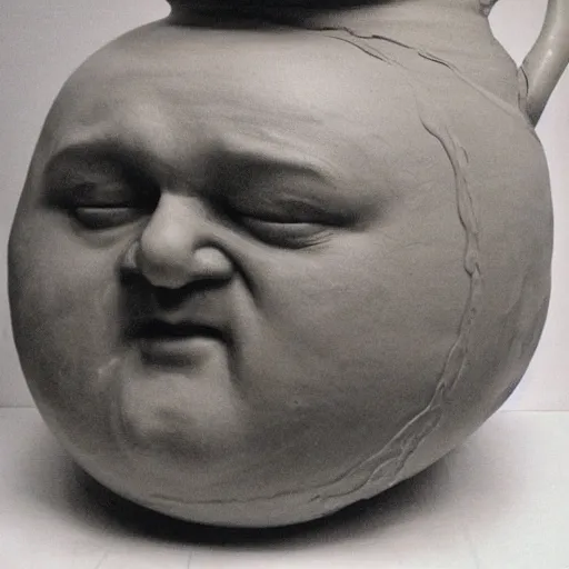 Image similar to johnny vegas sitting making a very large clay teapot, art school, studio, wet clay, ceramics, pottery wheel, Michael Joseph Pennington, photorealistic